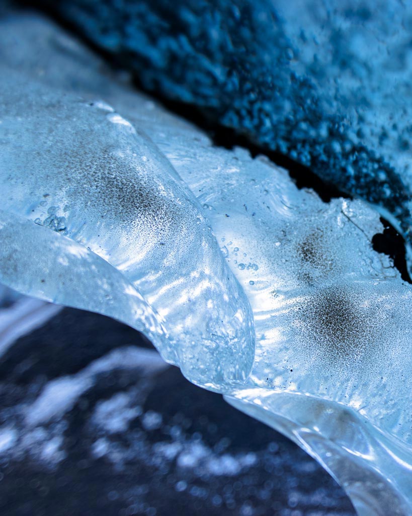 A macro perspective of a section of ice from the wall of a glacier in Iceland.